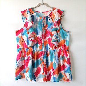 L + B Womens Multicolor Brush Print Ruffle Trim Peplum Tank Top Size 2XL